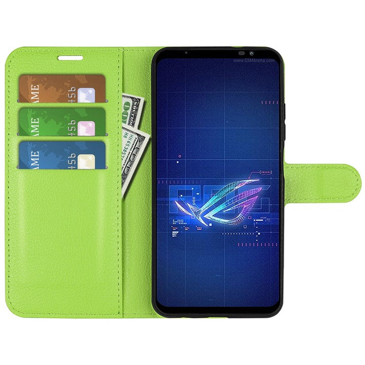 For Asus ROG Phone 6 5G Anti-wear Litchi Texture Flip Phone Case Well-protected PU Leather Wallet Stand Feature Cover - Green