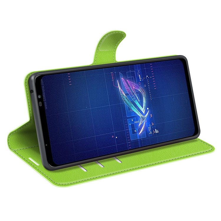 For Asus ROG Phone 6 5G Anti-wear Litchi Texture Flip Phone Case Well-protected PU Leather Wallet Stand Feature Cover - Green