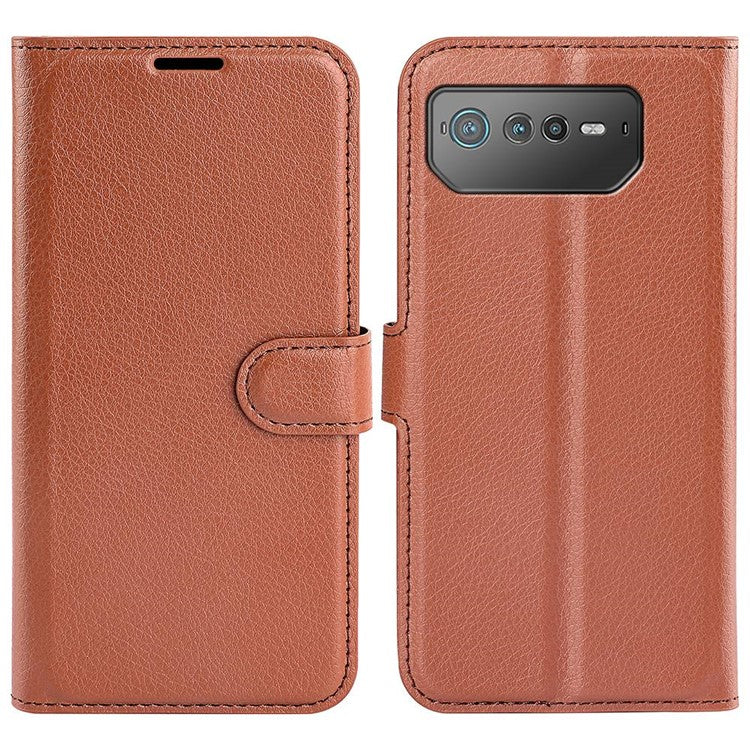 For Asus ROG Phone 6 5G Anti-wear Litchi Texture Flip Phone Case Well-protected PU Leather Wallet Stand Feature Cover - Brown