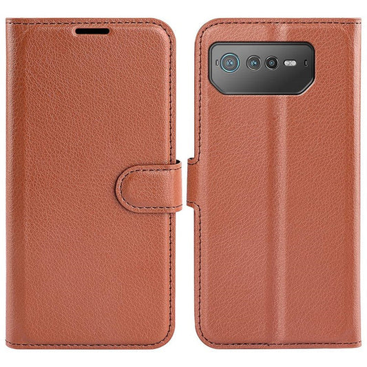 For Asus ROG Phone 6 5G Anti-wear Litchi Texture Flip Phone Case Well-protected PU Leather Wallet Stand Feature Cover - Brown