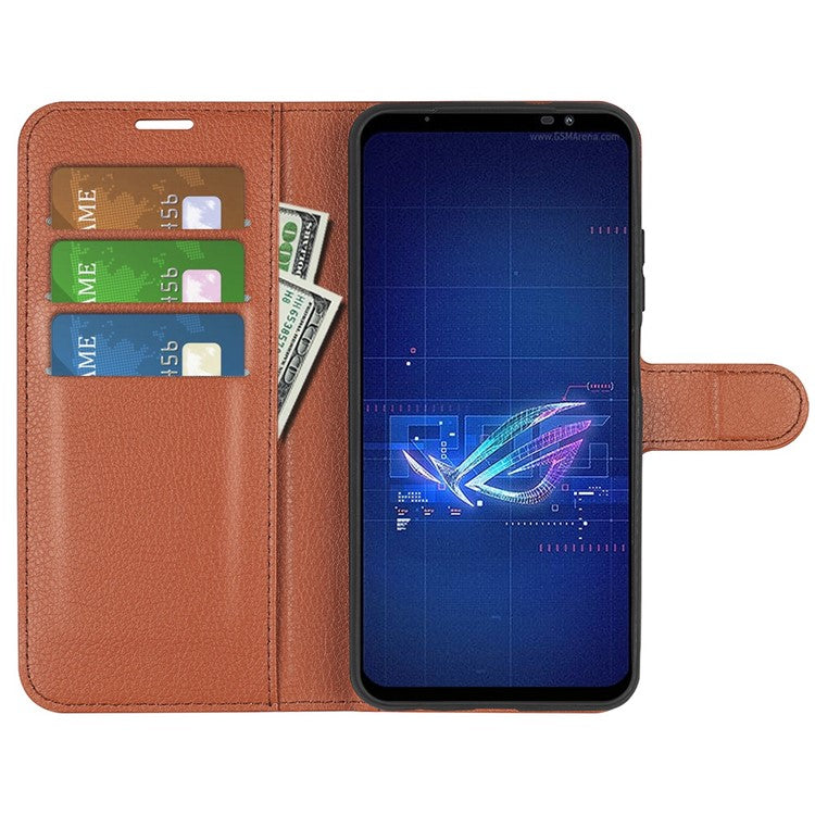 For Asus ROG Phone 6 5G Anti-wear Litchi Texture Flip Phone Case Well-protected PU Leather Wallet Stand Feature Cover - Brown