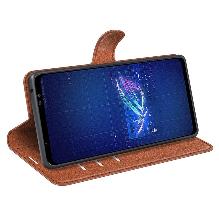For Asus ROG Phone 6 5G Anti-wear Litchi Texture Flip Phone Case Well-protected PU Leather Wallet Stand Feature Cover - Brown