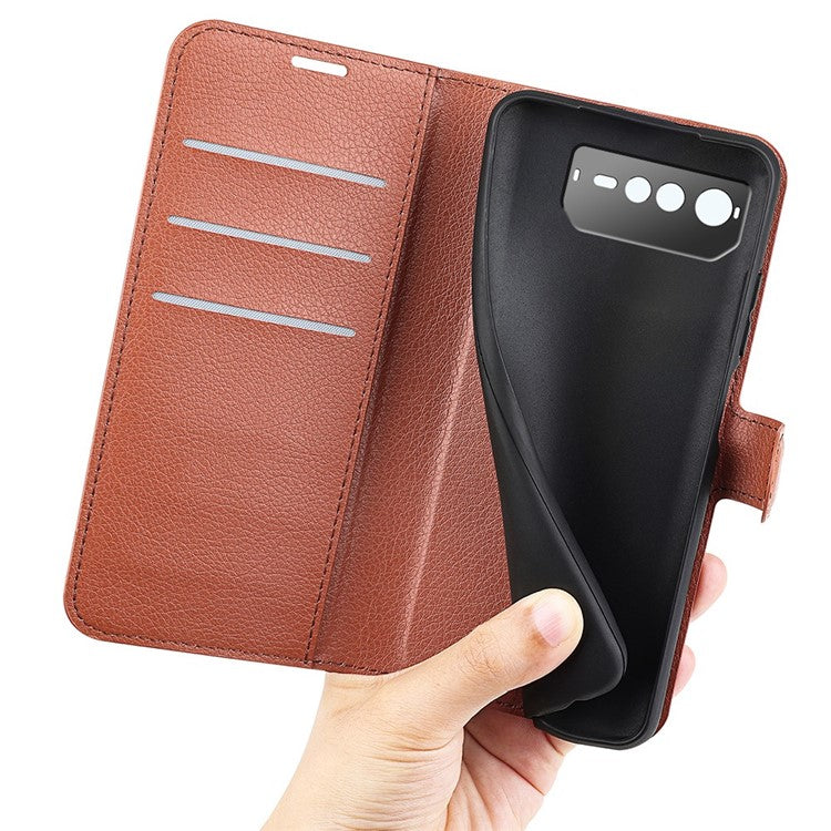 For Asus ROG Phone 6 5G Anti-wear Litchi Texture Flip Phone Case Well-protected PU Leather Wallet Stand Feature Cover - Brown