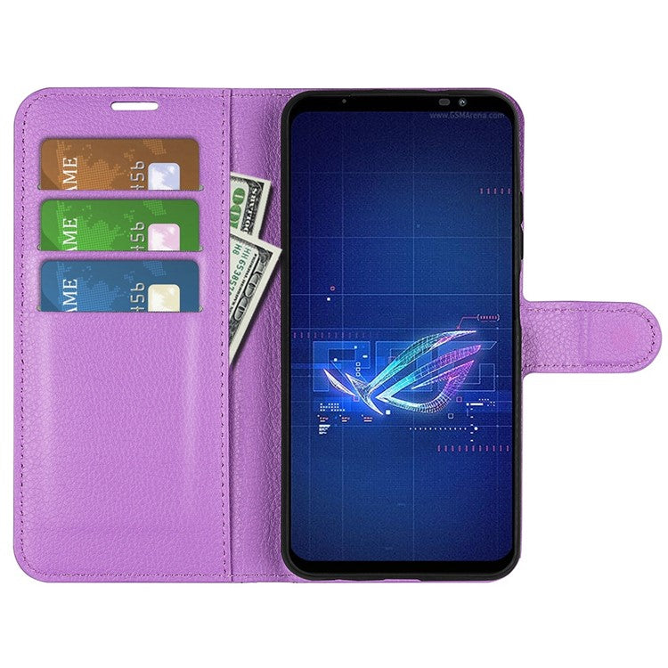For Asus ROG Phone 6 5G Anti-wear Litchi Texture Flip Phone Case Well-protected PU Leather Wallet Stand Feature Cover - Purple