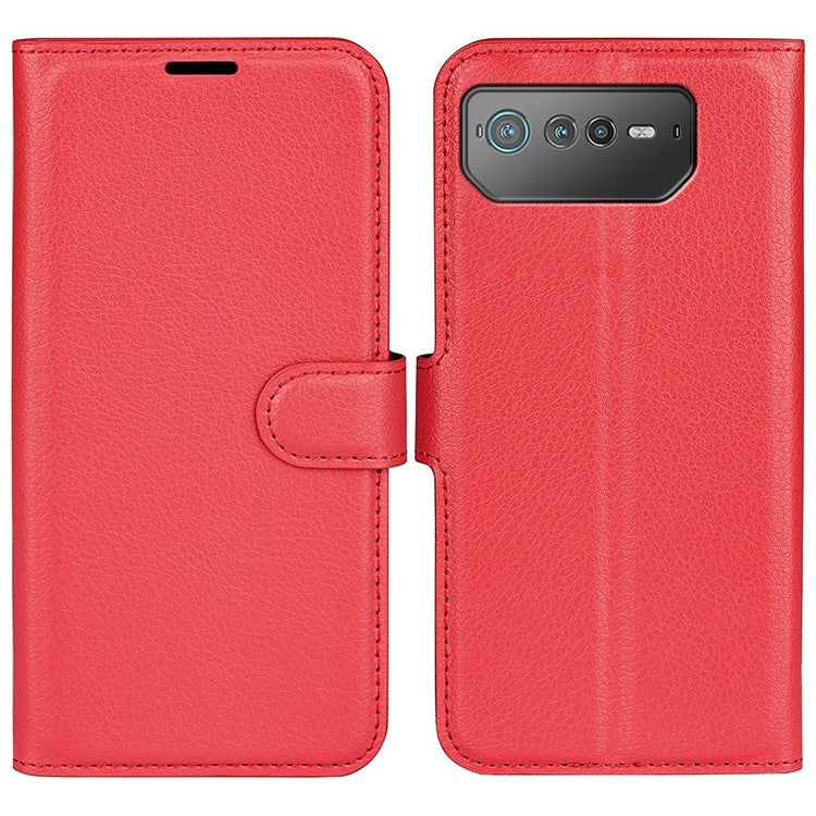 For Asus ROG Phone 6 5G Anti-wear Litchi Texture Flip Phone Case Well-protected PU Leather Wallet Stand Feature Cover - Red