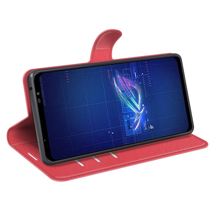 For Asus ROG Phone 6 5G Anti-wear Litchi Texture Flip Phone Case Well-protected PU Leather Wallet Stand Feature Cover - Red