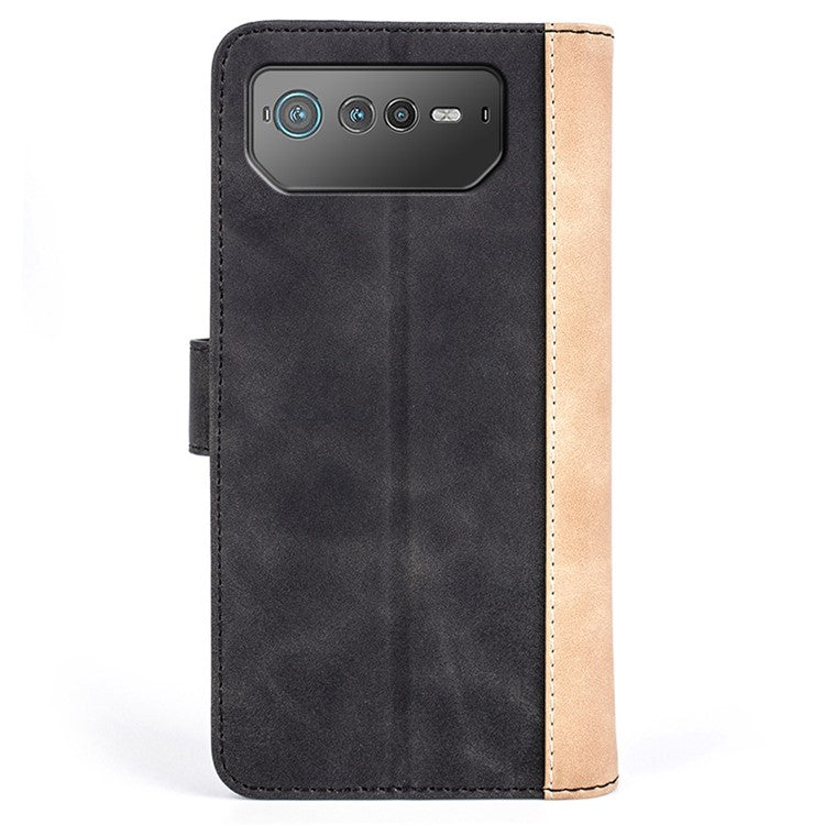 For Asus ROG Phone 6 5G Color Splicing PU Leather Stand Case Magnetic Clasp Wallet Phone Cover - Black