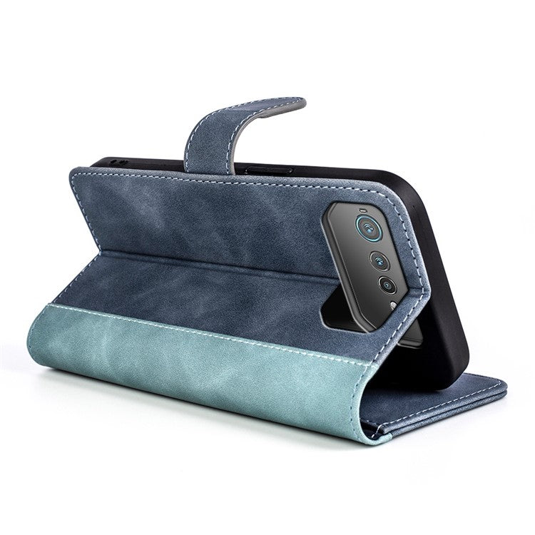 For Asus ROG Phone 6 5G Color Splicing PU Leather Stand Case Magnetic Clasp Wallet Phone Cover - Blue