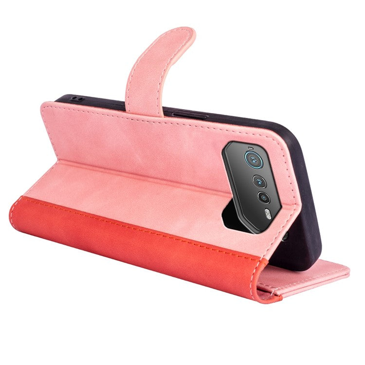 For Asus ROG Phone 6 5G Color Splicing PU Leather Stand Case Magnetic Clasp Wallet Phone Cover - Pink