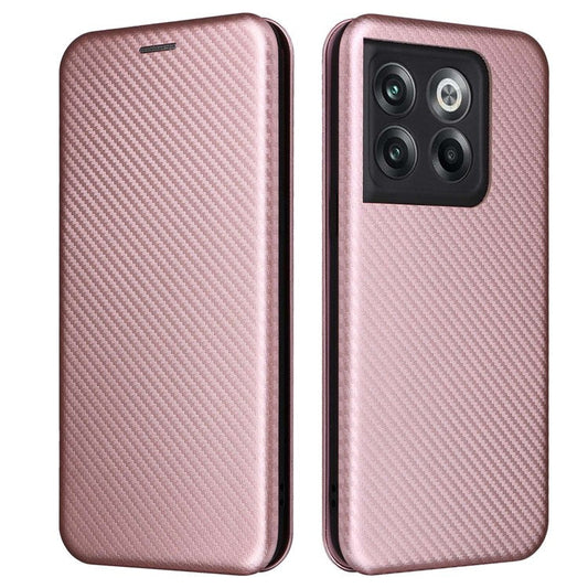 For OnePlus 10T 5G / Ace Pro 5G Carbon Fiber Texture Smartphone Case PU Leather Magnetic Auto-absorbed Stand Card Holder Function Phone Shell - Rose Gold