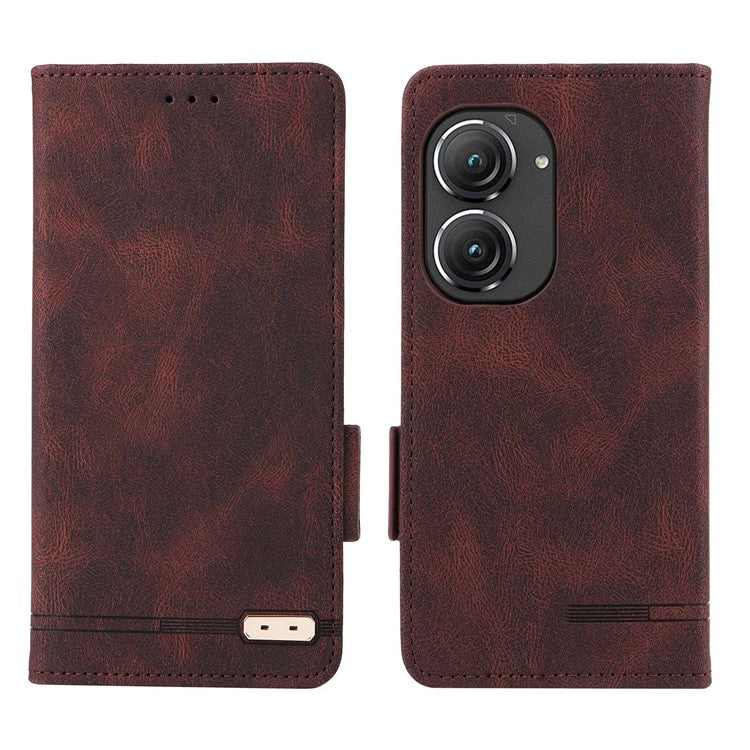 Hardware Decor Phone Case for Asus Zenfone 9 5G, Dual Magnetic Clasp PU Leather Anti-drop Wallet Stand Phone Cover - Coffee