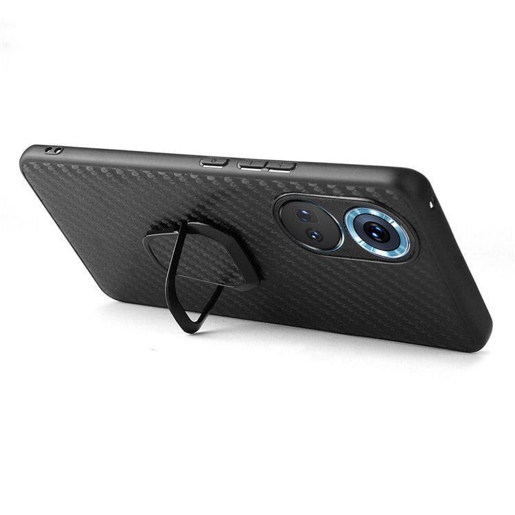 For Honor 70 5G Kickstand Phone Case PU Leather Coated Hard PC Soft TPU Hybrid Protective Cover - Carbon Fiber Texture