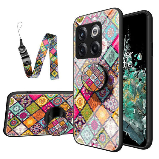 For OnePlus 10T 5G / Ace Pro 5G Flower Pattern Tempered Glass + Hard PC + Soft TPU Hybrid Cover Kickstand Phone Case with Lanyard - Color Pattern