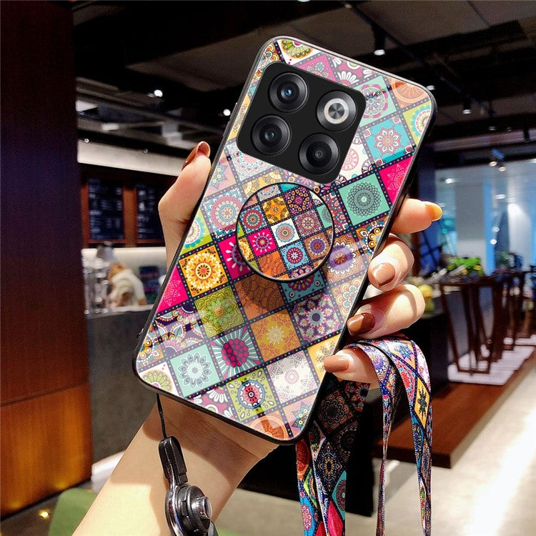 For OnePlus 10T 5G / Ace Pro 5G Flower Pattern Tempered Glass + Hard PC + Soft TPU Hybrid Cover Kickstand Phone Case with Lanyard - Color Pattern