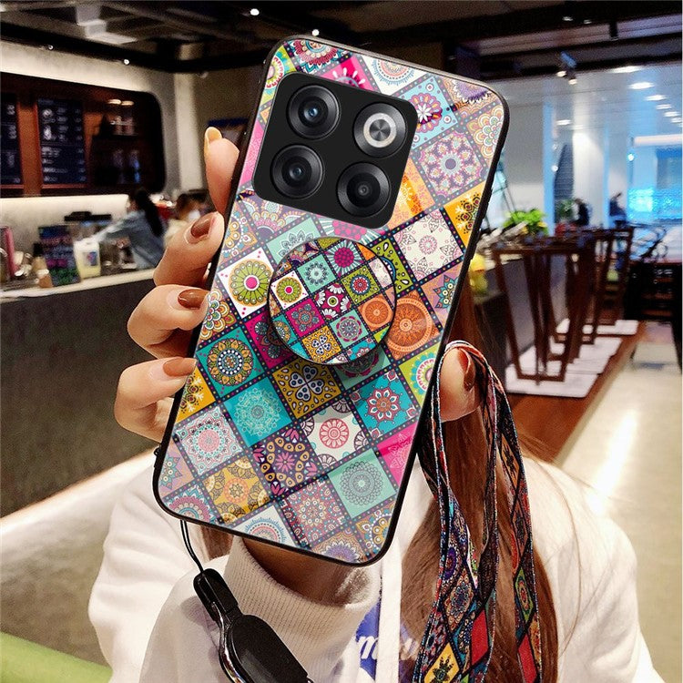 For OnePlus 10T 5G / Ace Pro 5G Flower Pattern Tempered Glass + Hard PC + Soft TPU Hybrid Cover Kickstand Phone Case with Lanyard - Color Pattern