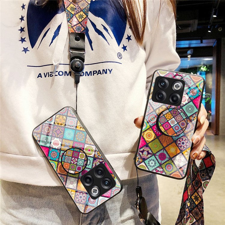 For OnePlus 10T 5G / Ace Pro 5G Flower Pattern Tempered Glass + Hard PC + Soft TPU Hybrid Cover Kickstand Phone Case with Lanyard - Color Pattern
