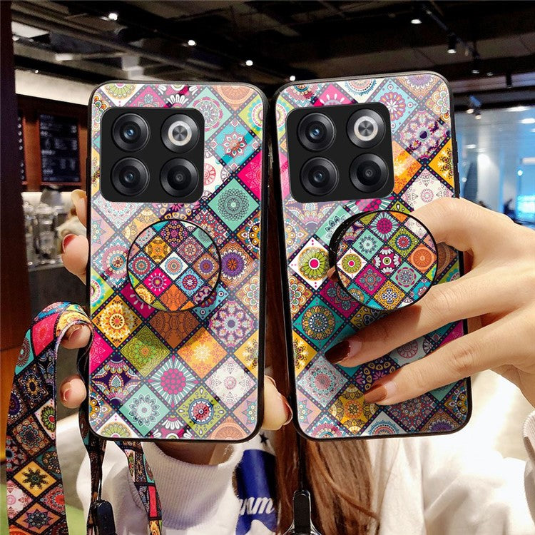 For OnePlus 10T 5G / Ace Pro 5G Flower Pattern Tempered Glass + Hard PC + Soft TPU Hybrid Cover Kickstand Phone Case with Lanyard - Color Pattern