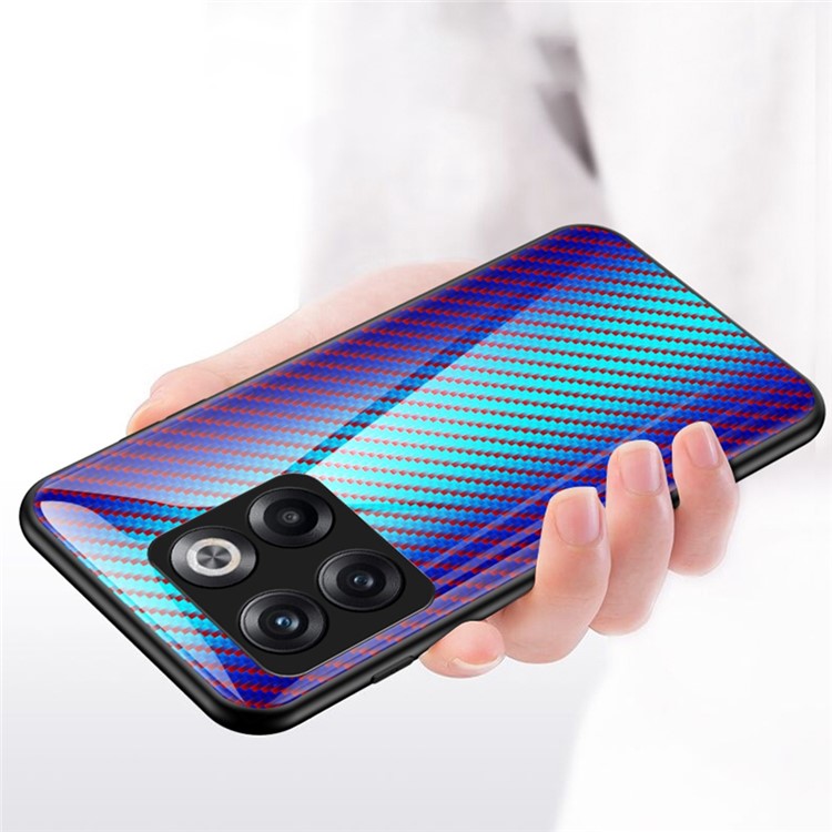 For OnePlus 10T 5G / Ace Pro 5G Carbon Fiber Texture Tempered Glass Case Hard PC Soft TPU Anti-Scratch Shockproof Cover - Black Fiber