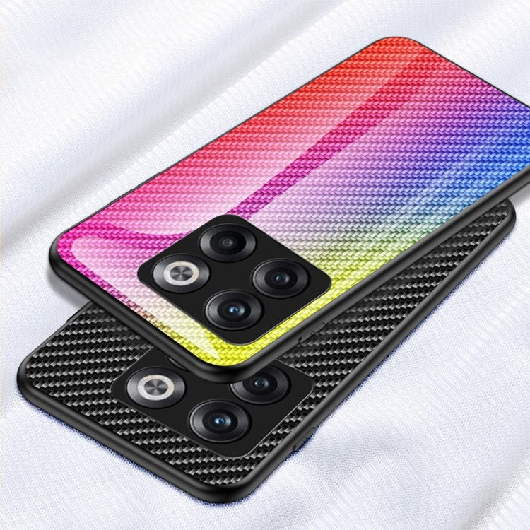 For OnePlus 10T 5G / Ace Pro 5G Carbon Fiber Texture Tempered Glass Case Hard PC Soft TPU Anti-Scratch Shockproof Cover - Black Fiber