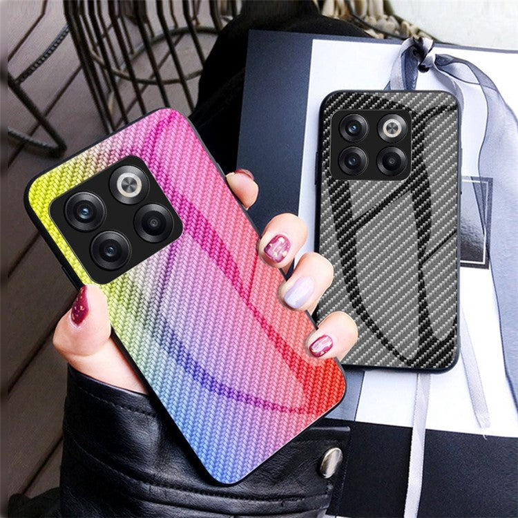 For OnePlus 10T 5G / Ace Pro 5G Carbon Fiber Texture Tempered Glass Case Hard PC Soft TPU Anti-Scratch Shockproof Cover - Black Fiber