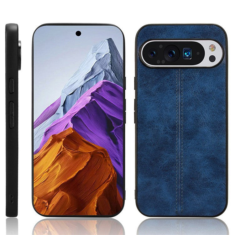 For Google Pixel 9 / Pixel 9 Pro Case Cowhide Texture Leather+TPU+PC Hybrid Phone Cover - Blue