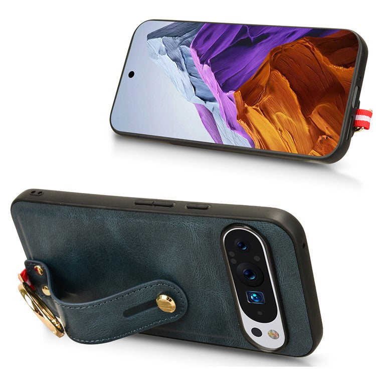 For Google Pixel 9 Pro XL Case Wristband Kickstand Leather+PC+TPU Phone Cover Bottle Opener - Blue