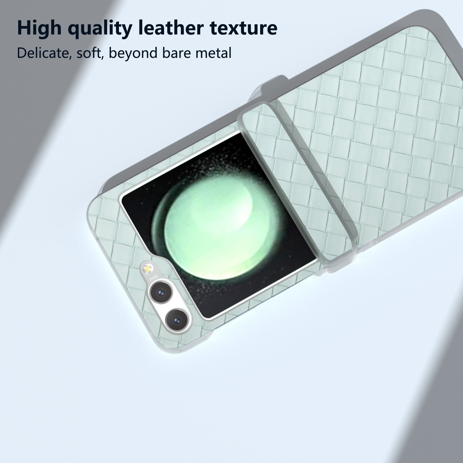 For Samsung Galaxy Z Flip6 5G Case Woven Texture Hinge Protection Leather+PC Folding Phone Cover - Light Green