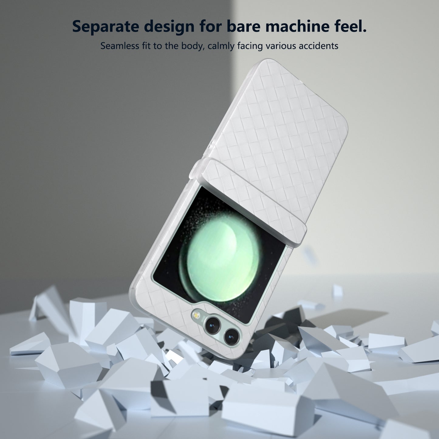 For Samsung Galaxy Z Flip6 5G Case Woven Texture Hinge Protection Leather+PC Folding Phone Cover - White