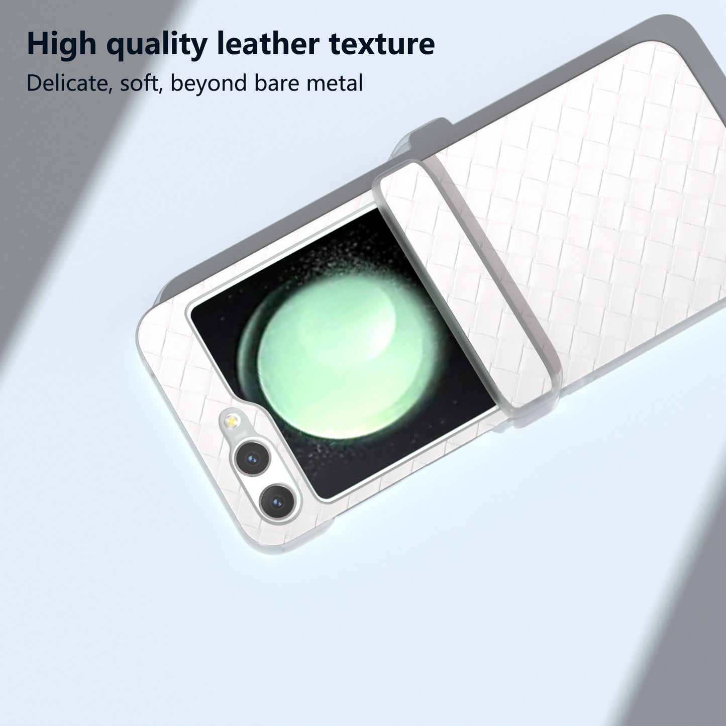 For Samsung Galaxy Z Flip6 5G Case Woven Texture Hinge Protection Leather+PC Folding Phone Cover - White