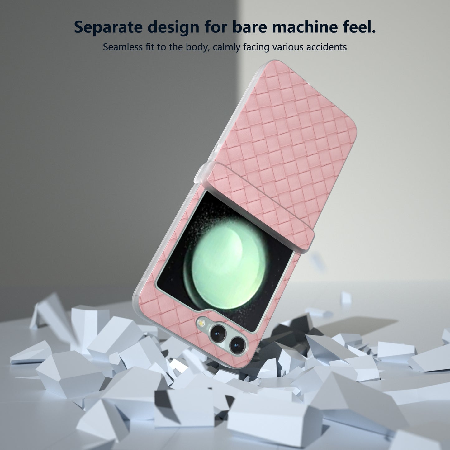 For Samsung Galaxy Z Flip6 5G Case Woven Texture Hinge Protection Leather+PC Folding Phone Cover - Pink