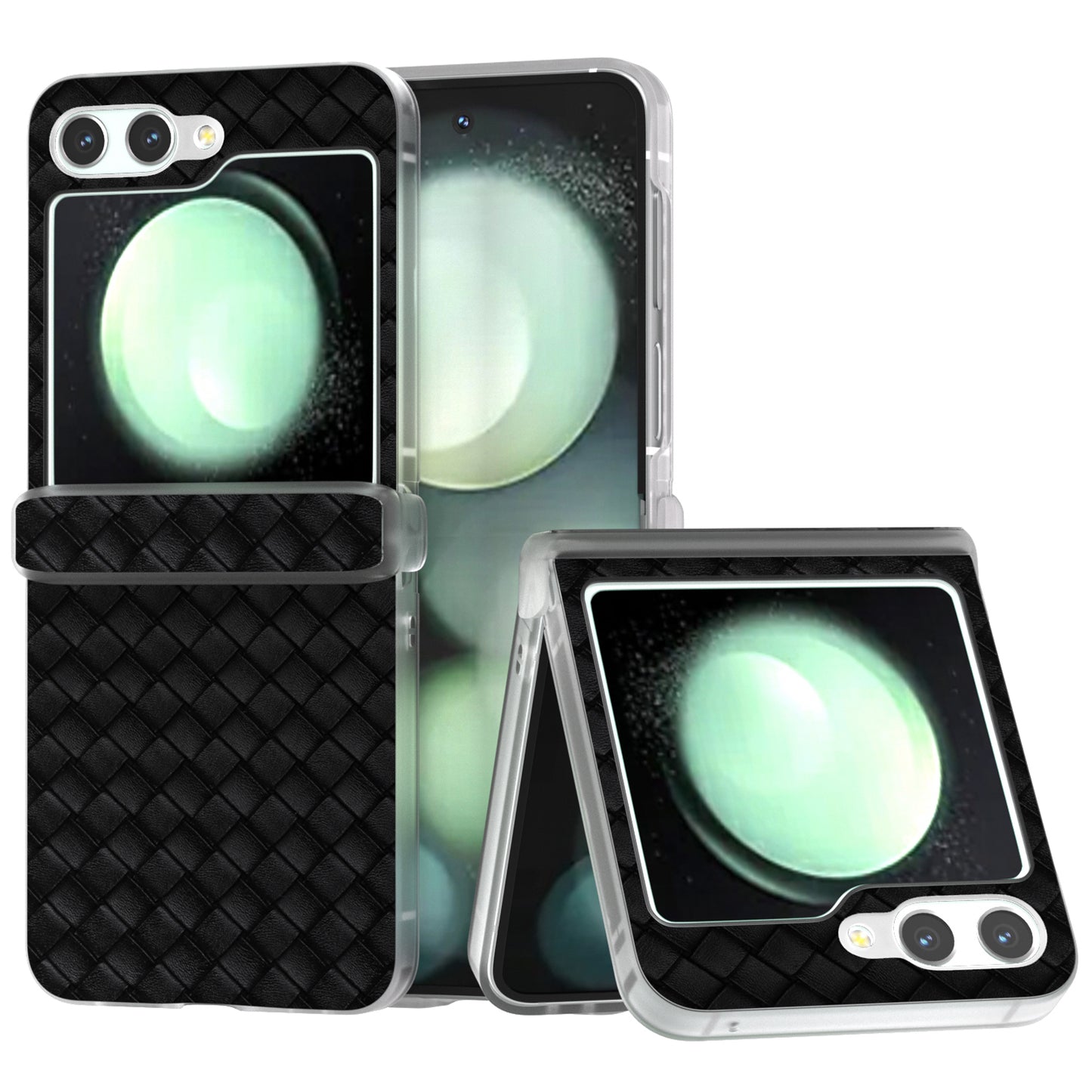 For Samsung Galaxy Z Flip6 5G Case Woven Texture Hinge Protection Leather+PC Folding Phone Cover - Black
