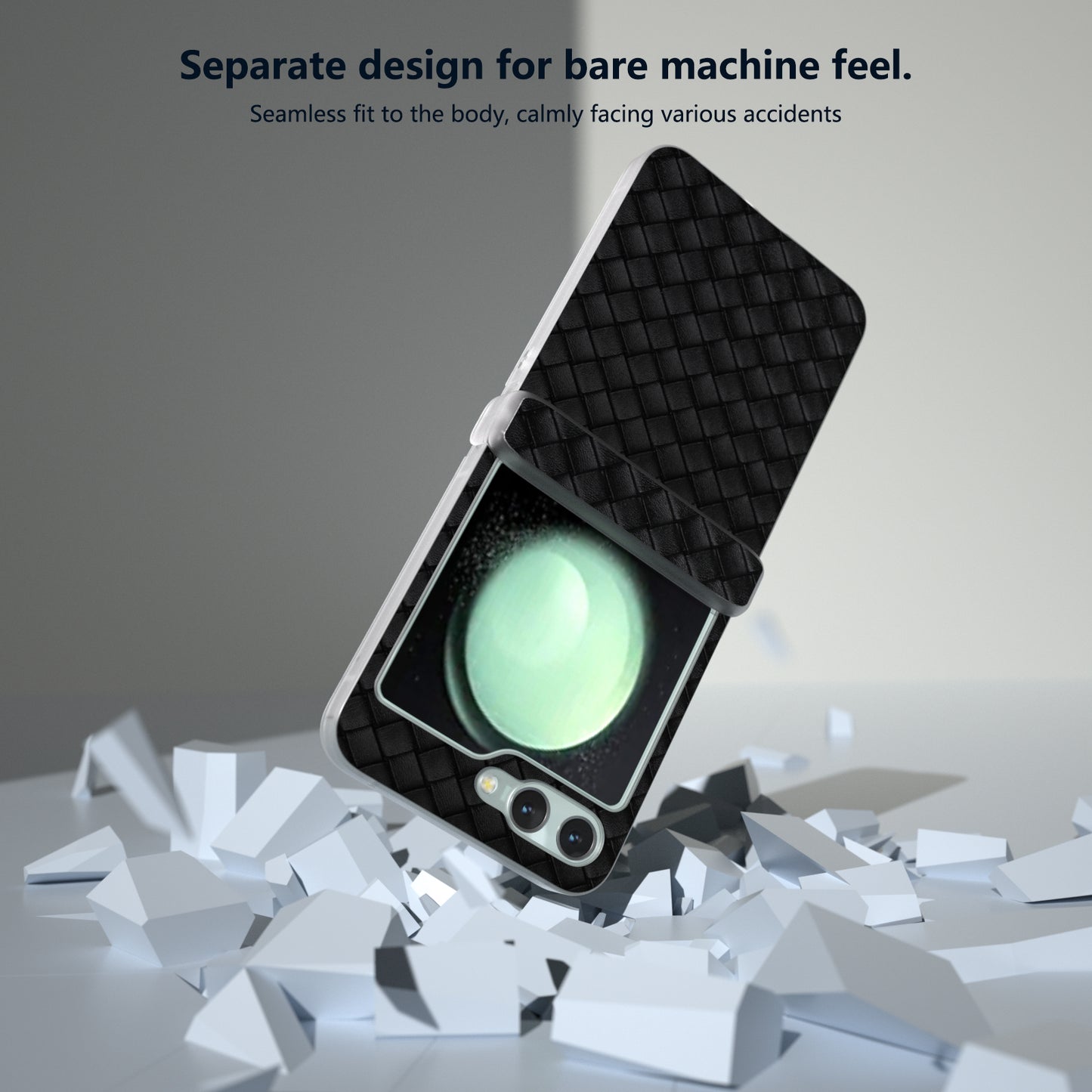 For Samsung Galaxy Z Flip6 5G Case Woven Texture Hinge Protection Leather+PC Folding Phone Cover - Black
