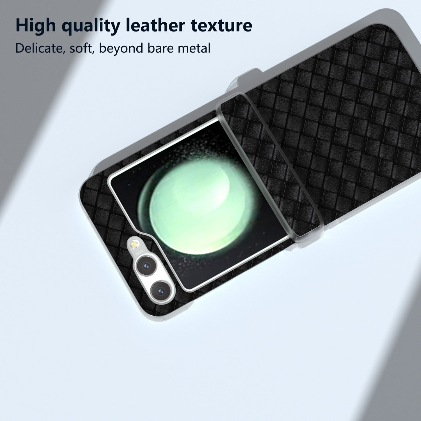 For Samsung Galaxy Z Flip6 5G Case Woven Texture Hinge Protection Leather+PC Folding Phone Cover - Black
