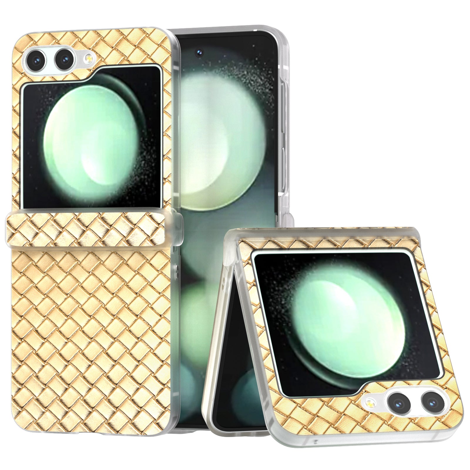 For Samsung Galaxy Z Flip6 5G Case Woven Texture Hinge Protection Leather+PC Folding Phone Cover - Gold