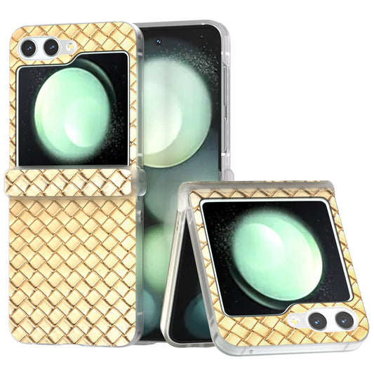 For Samsung Galaxy Z Flip6 5G Case Woven Texture Hinge Protection Leather+PC Folding Phone Cover - Gold