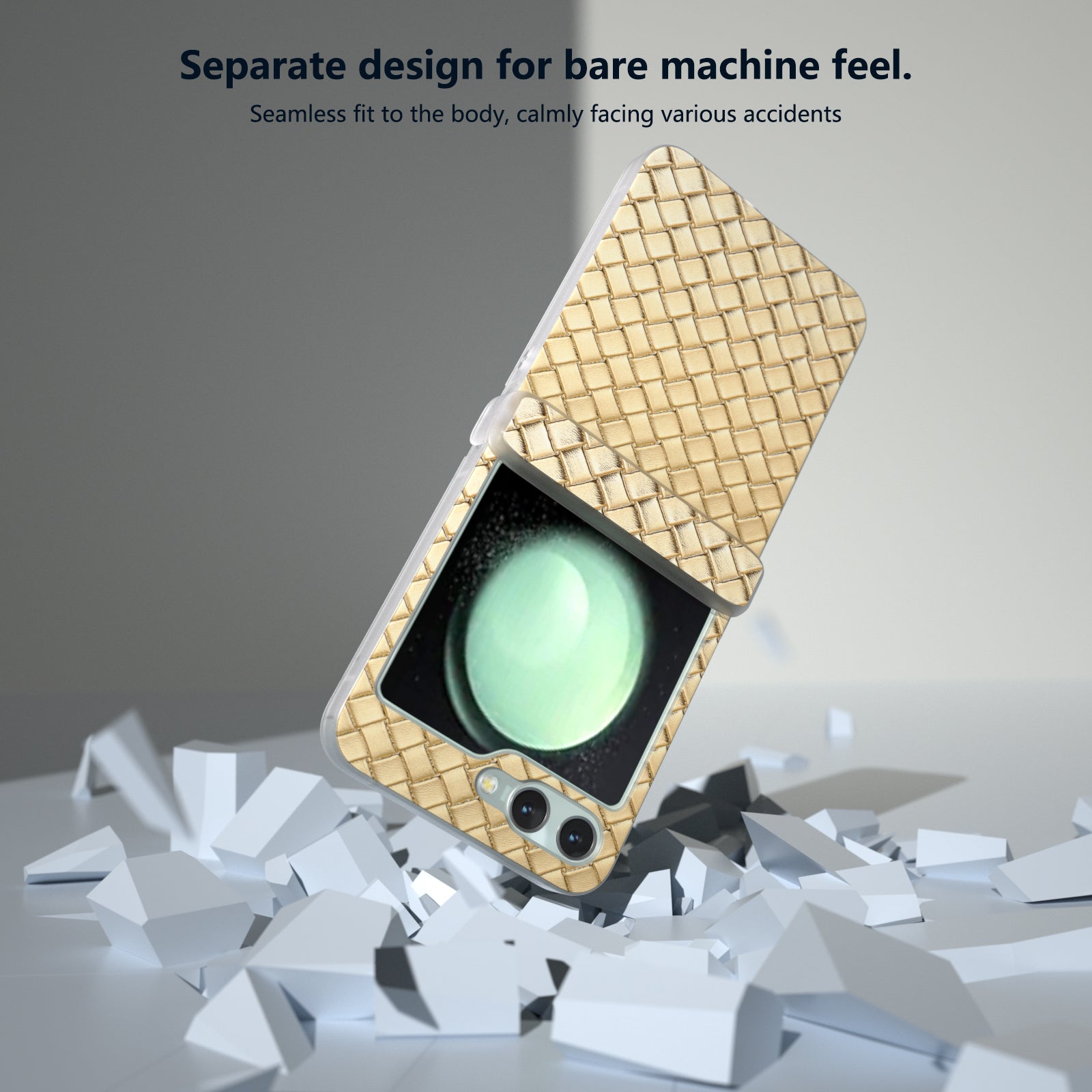 For Samsung Galaxy Z Flip6 5G Case Woven Texture Hinge Protection Leather+PC Folding Phone Cover - Gold