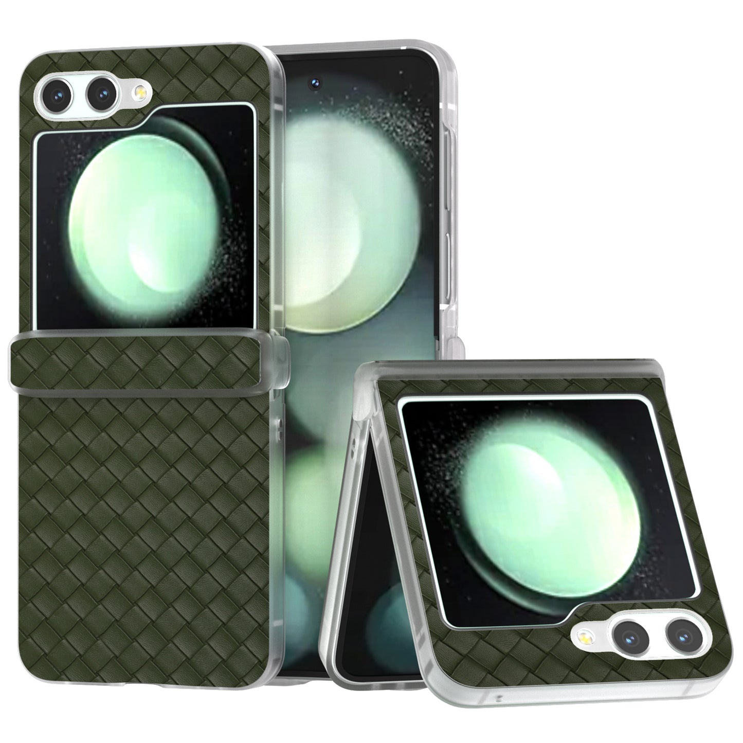 For Samsung Galaxy Z Flip6 5G Case Woven Texture Hinge Protection Leather+PC Folding Phone Cover - Green