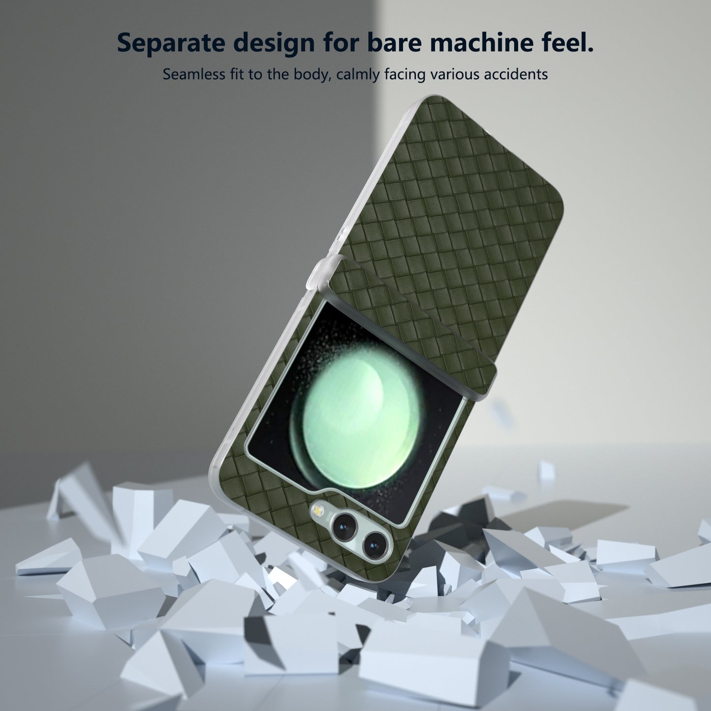 For Samsung Galaxy Z Flip6 5G Case Woven Texture Hinge Protection Leather+PC Folding Phone Cover - Green