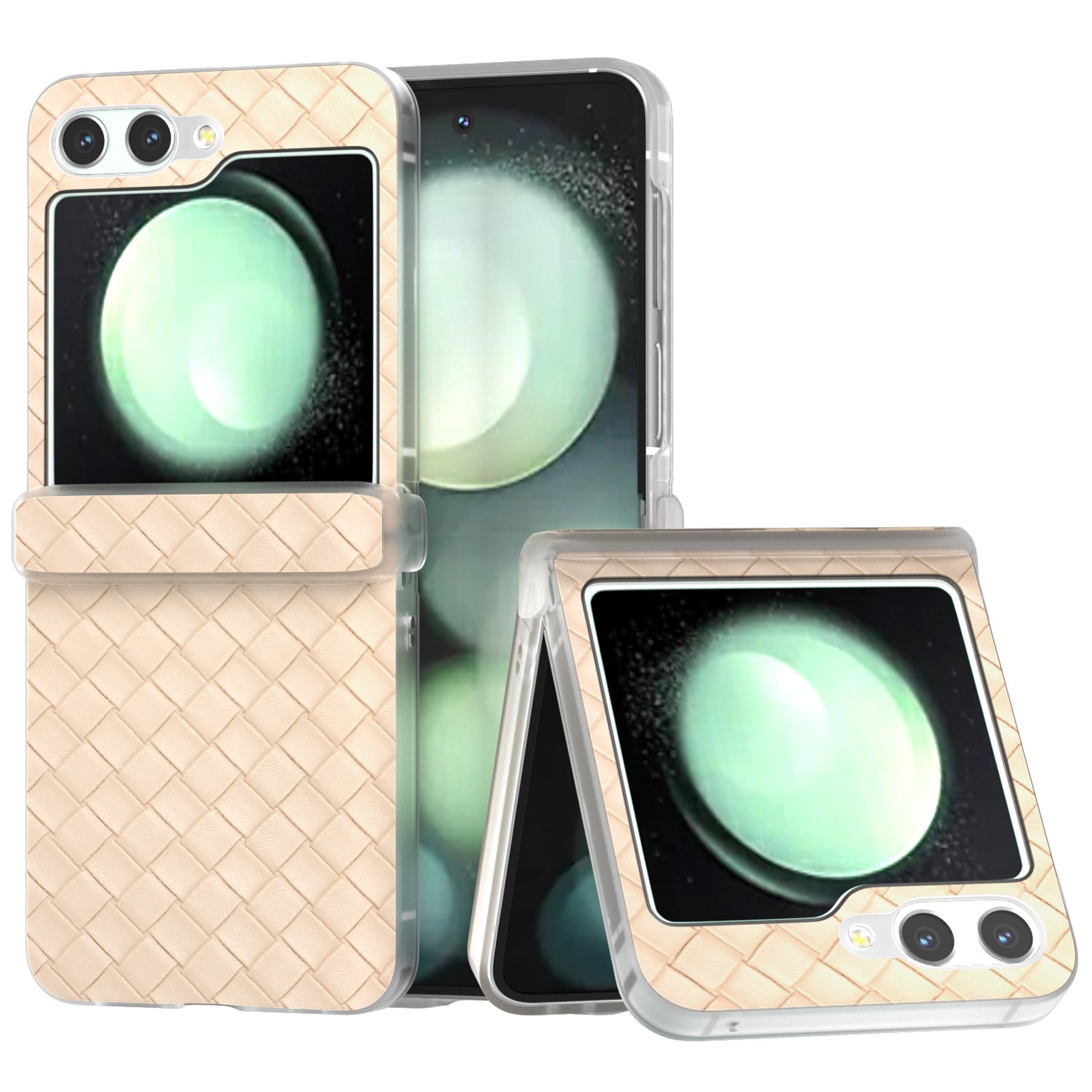 For Samsung Galaxy Z Flip6 5G Case Woven Texture Hinge Protection Leather+PC Folding Phone Cover - Beige