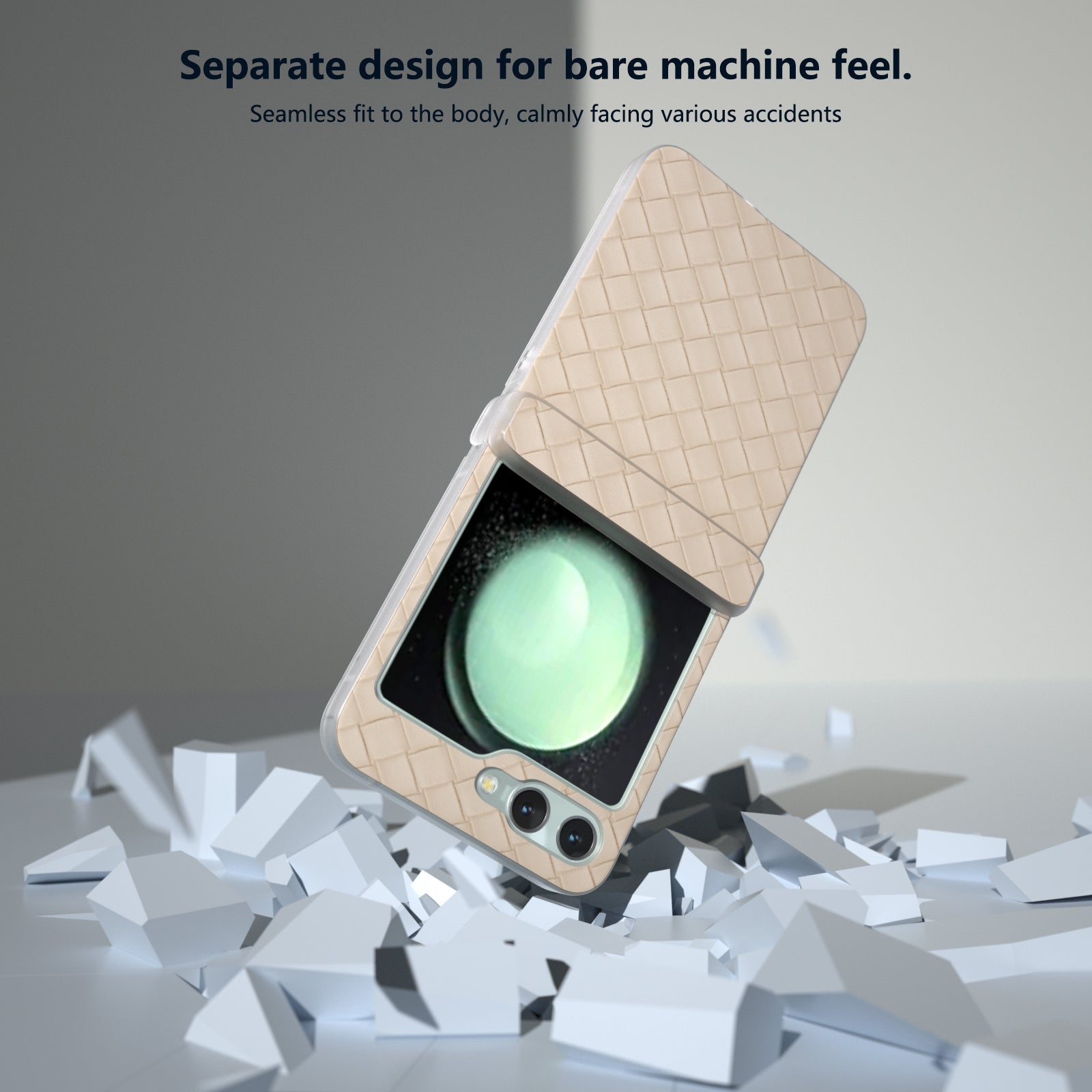 For Samsung Galaxy Z Flip6 5G Case Woven Texture Hinge Protection Leather+PC Folding Phone Cover - Beige