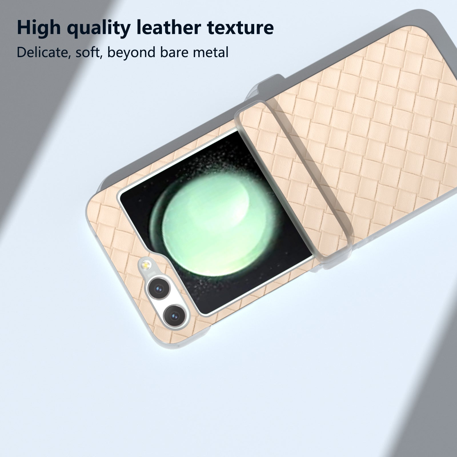 For Samsung Galaxy Z Flip6 5G Case Woven Texture Hinge Protection Leather+PC Folding Phone Cover - Beige
