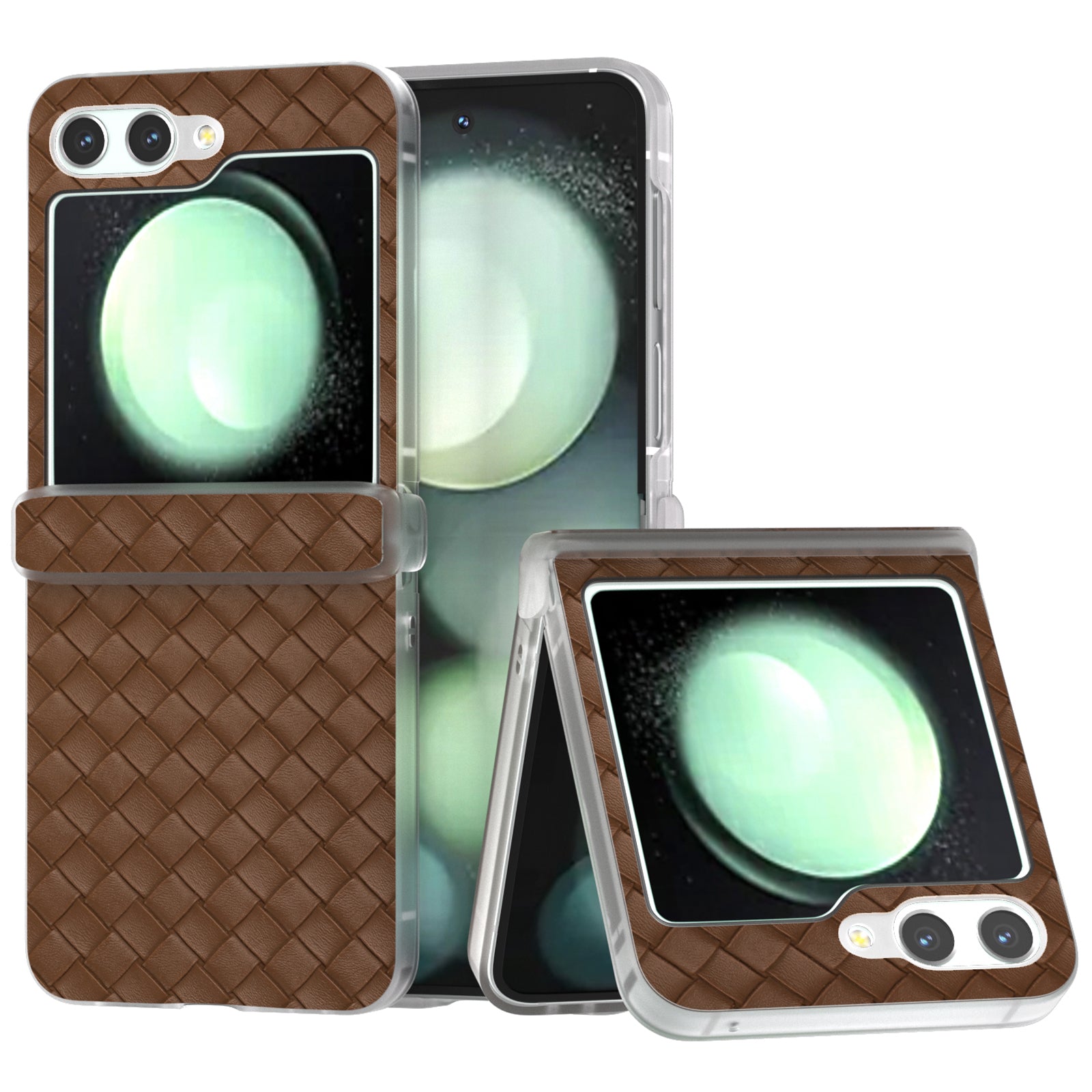 For Samsung Galaxy Z Flip6 5G Case Woven Texture Hinge Protection Leather+PC Folding Phone Cover - Brown