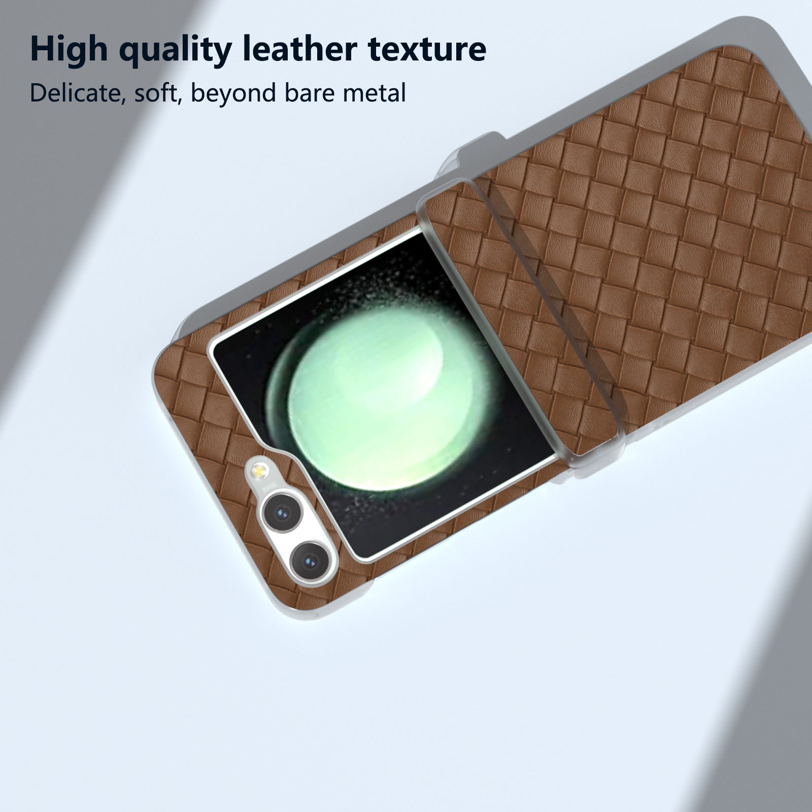 For Samsung Galaxy Z Flip6 5G Case Woven Texture Hinge Protection Leather+PC Folding Phone Cover - Brown
