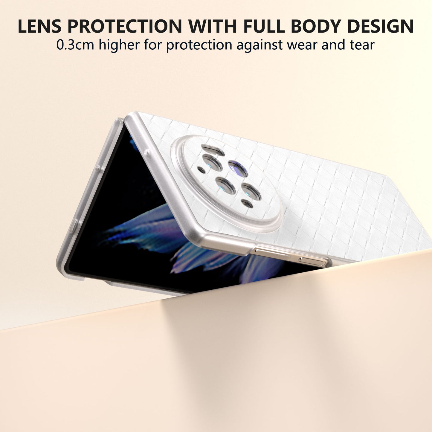 For vivo X Fold3 Case Woven Texture PU Leather Phone Cover with Transparent Matte Frame - White