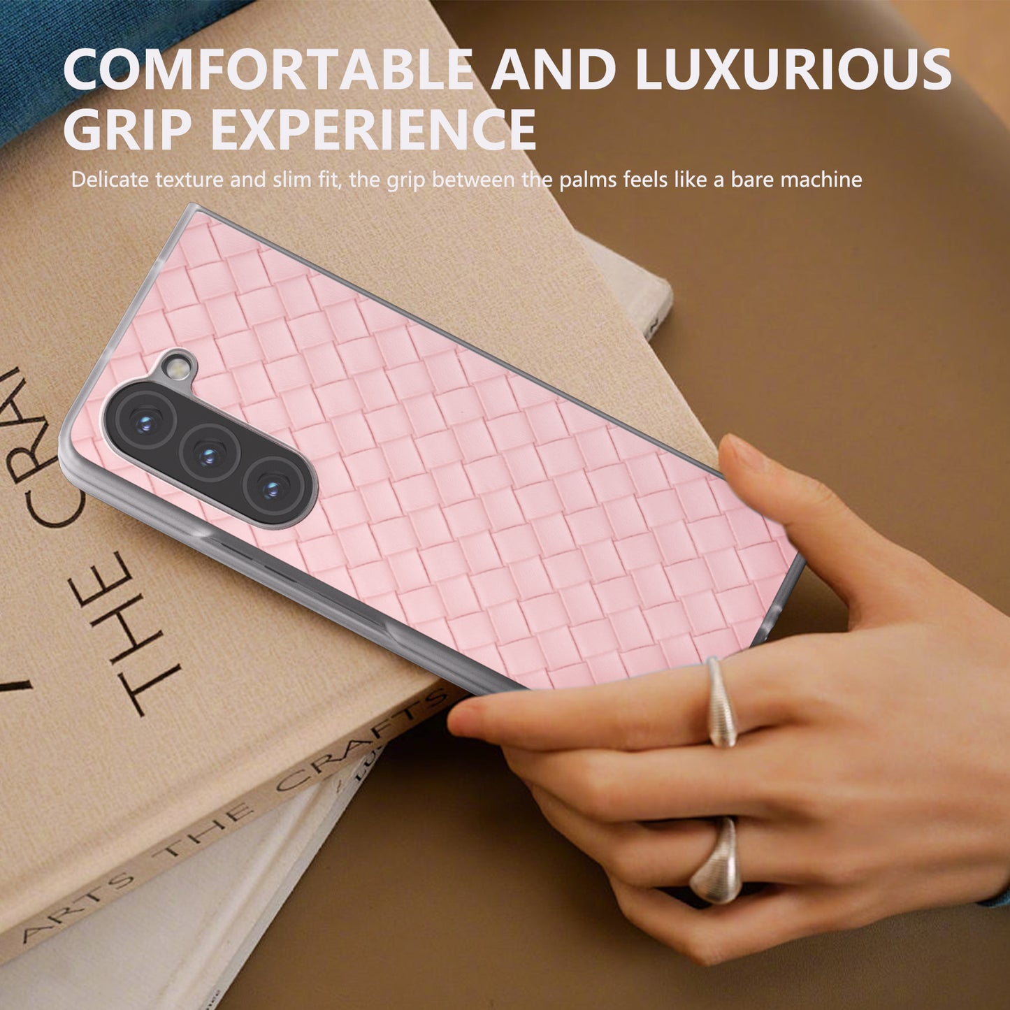 For Samsung Galaxy Z Fold6 5G Case Woven Texture Frosted Frame PU Leather Phone Cover - Pink