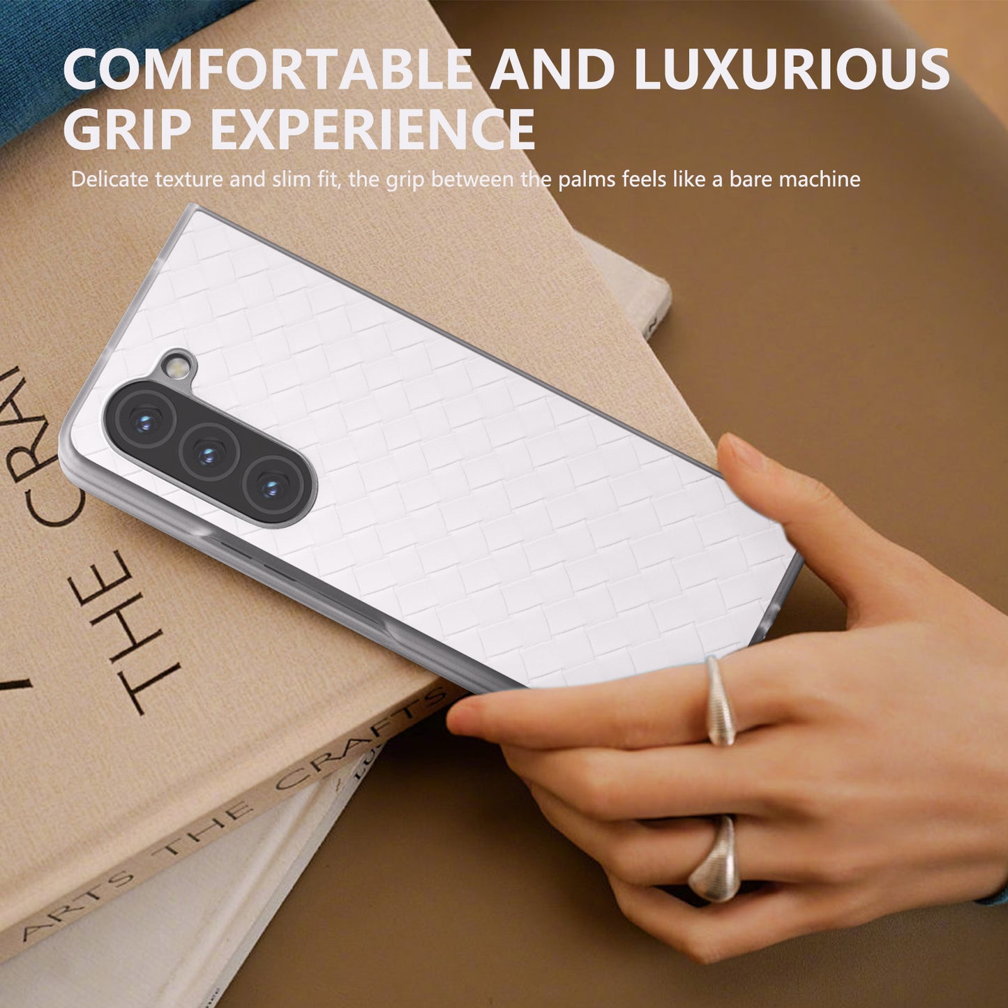For Samsung Galaxy Z Fold6 5G Case Woven Texture Frosted Frame PU Leather Phone Cover - White