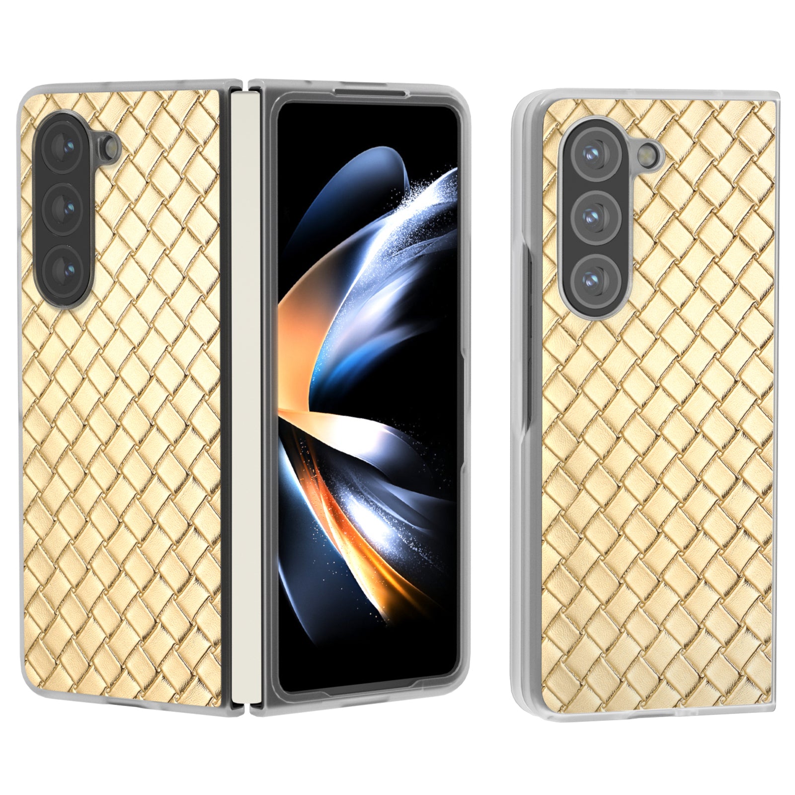 For Samsung Galaxy Z Fold6 5G Case Woven Texture Frosted Frame PU Leather Phone Cover - Gold