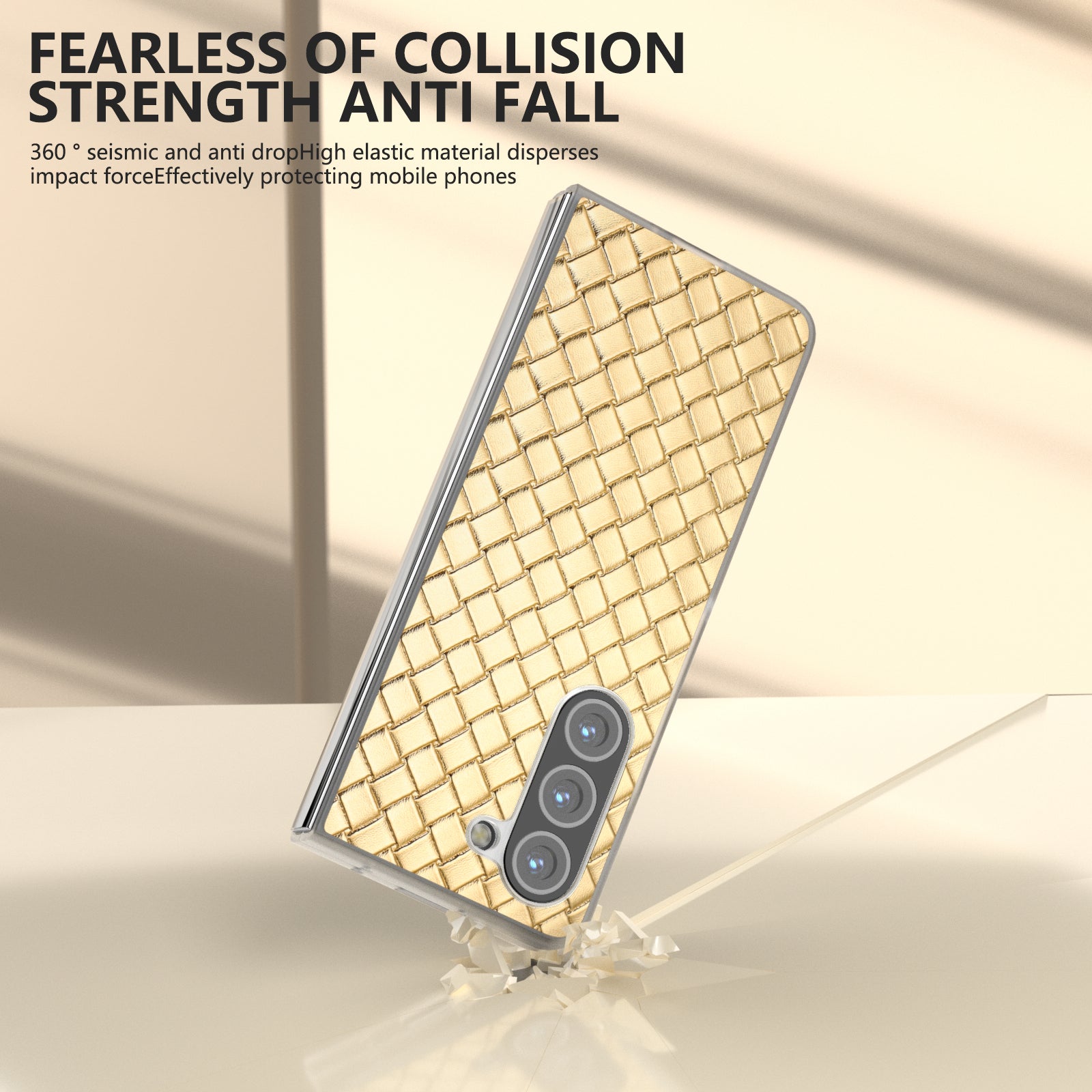 For Samsung Galaxy Z Fold6 5G Case Woven Texture Frosted Frame PU Leather Phone Cover - Gold