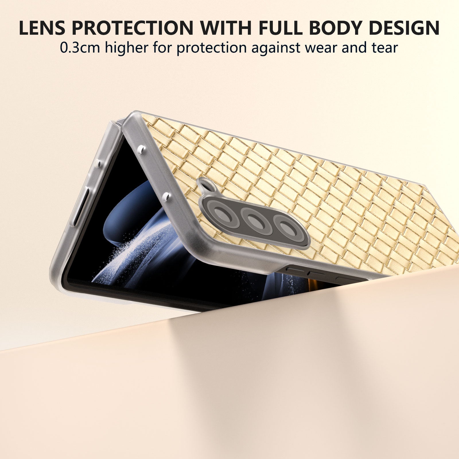 For Samsung Galaxy Z Fold6 5G Case Woven Texture Frosted Frame PU Leather Phone Cover - Gold
