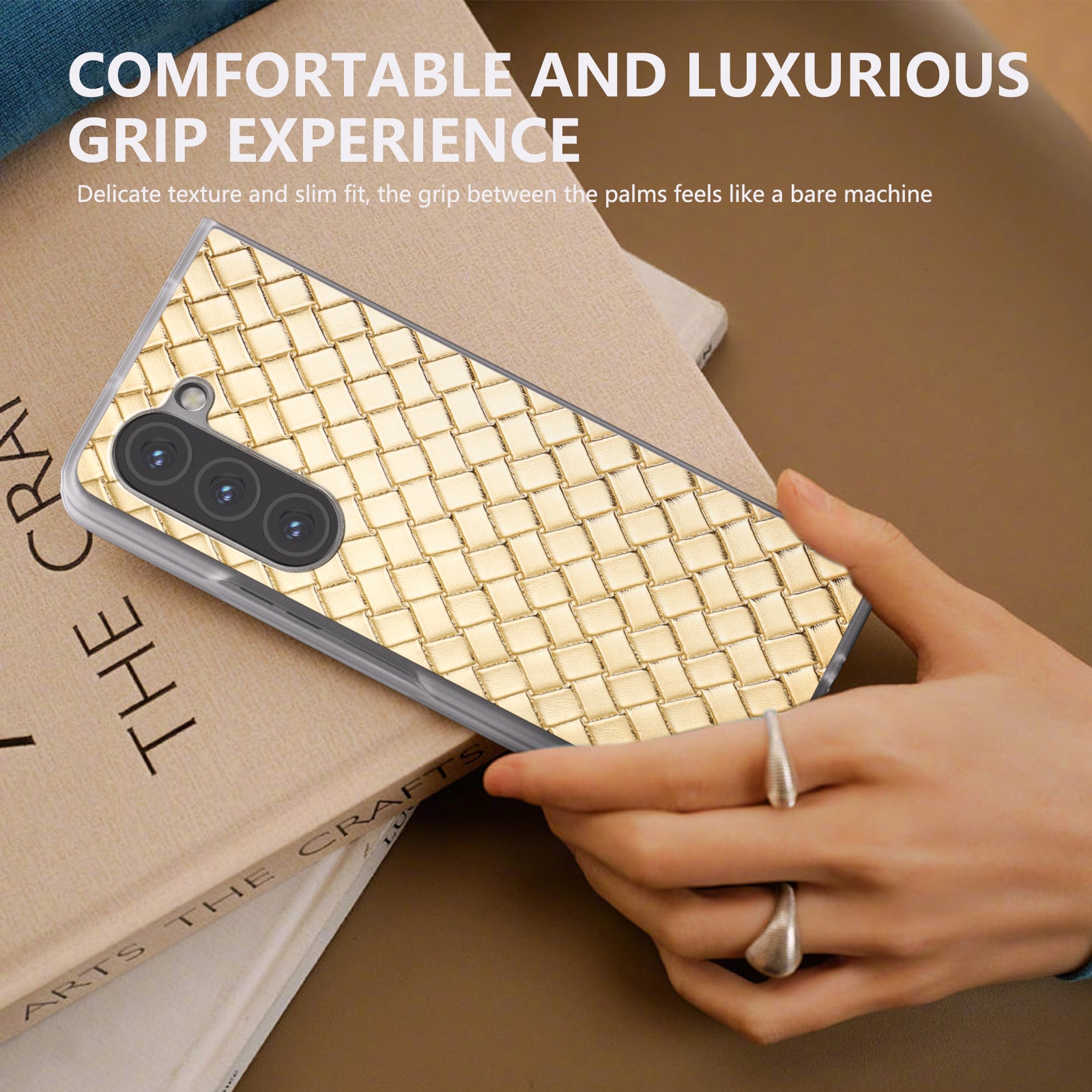 For Samsung Galaxy Z Fold6 5G Case Woven Texture Frosted Frame PU Leather Phone Cover - Gold